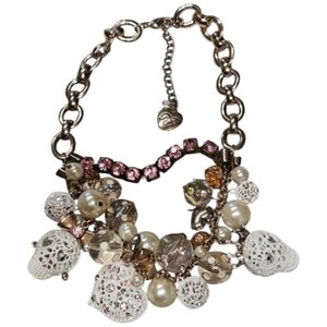 ☠️🩷Betsey Statement Necklace White Lace Pink Crystal Sugar Skulls Heart - NWOT